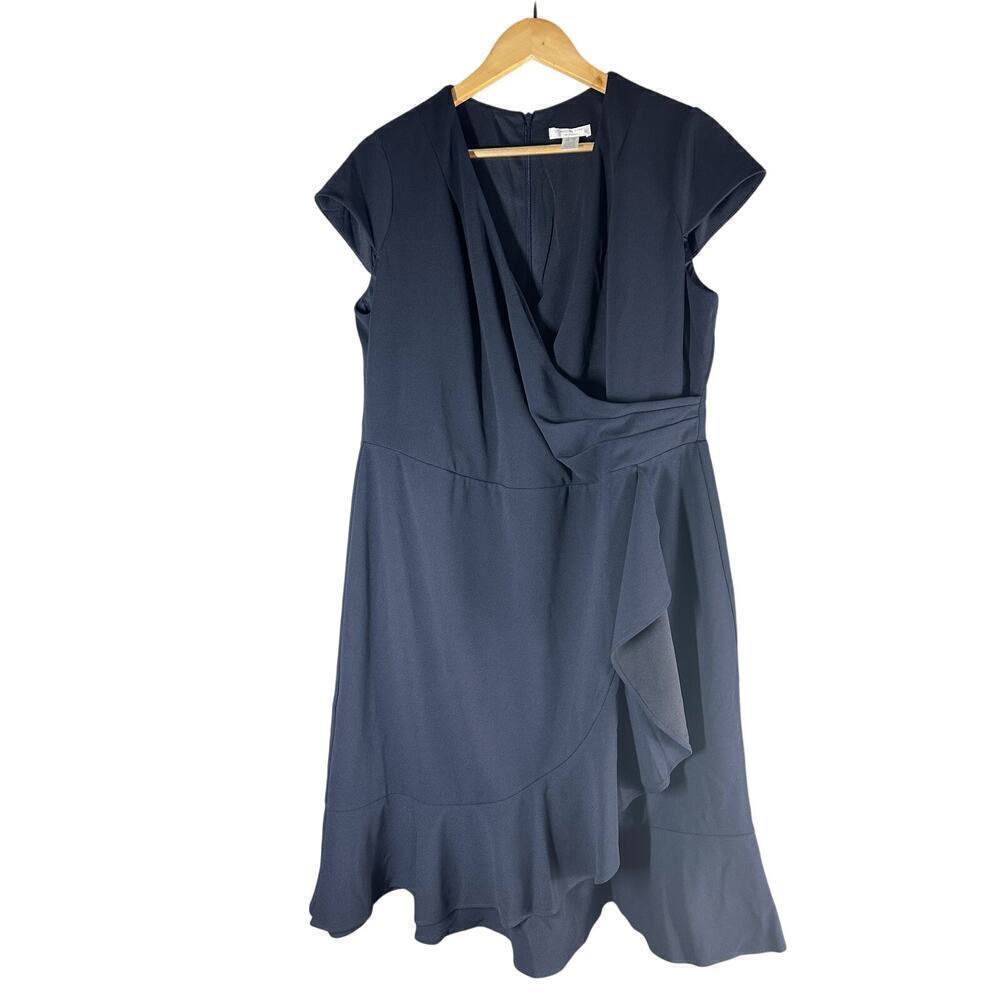 London Times Plus Size Pleated Flounce Surplice Dress Navy Size US 14W